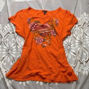 Y2K Mcbling Fang Orange Heartbreaker Tattoo Graphic Tee Rhinestone Top 2XL